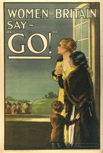 A British gov't WWI propaganda poster seeking to motivate men who hadn't enlisted through social pressure.